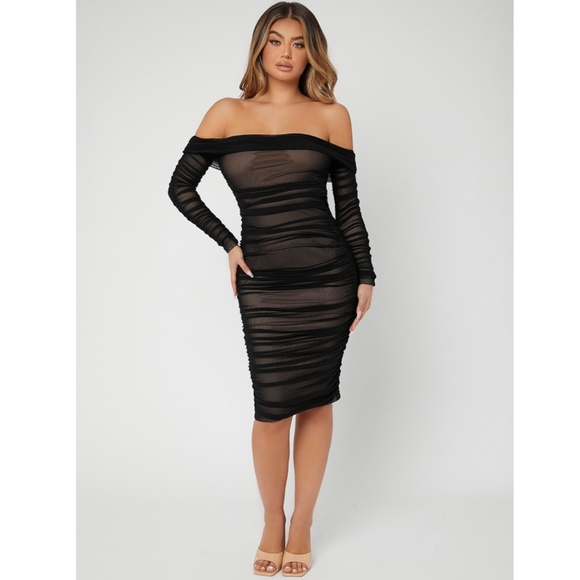 Black Mesh Ruched Off Shoulder Dress - Picture 5 of 9